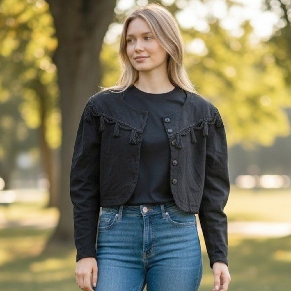 Layette Tassel Fringe Cropped Cardigan Women M Black Vintage Western Knit Top
